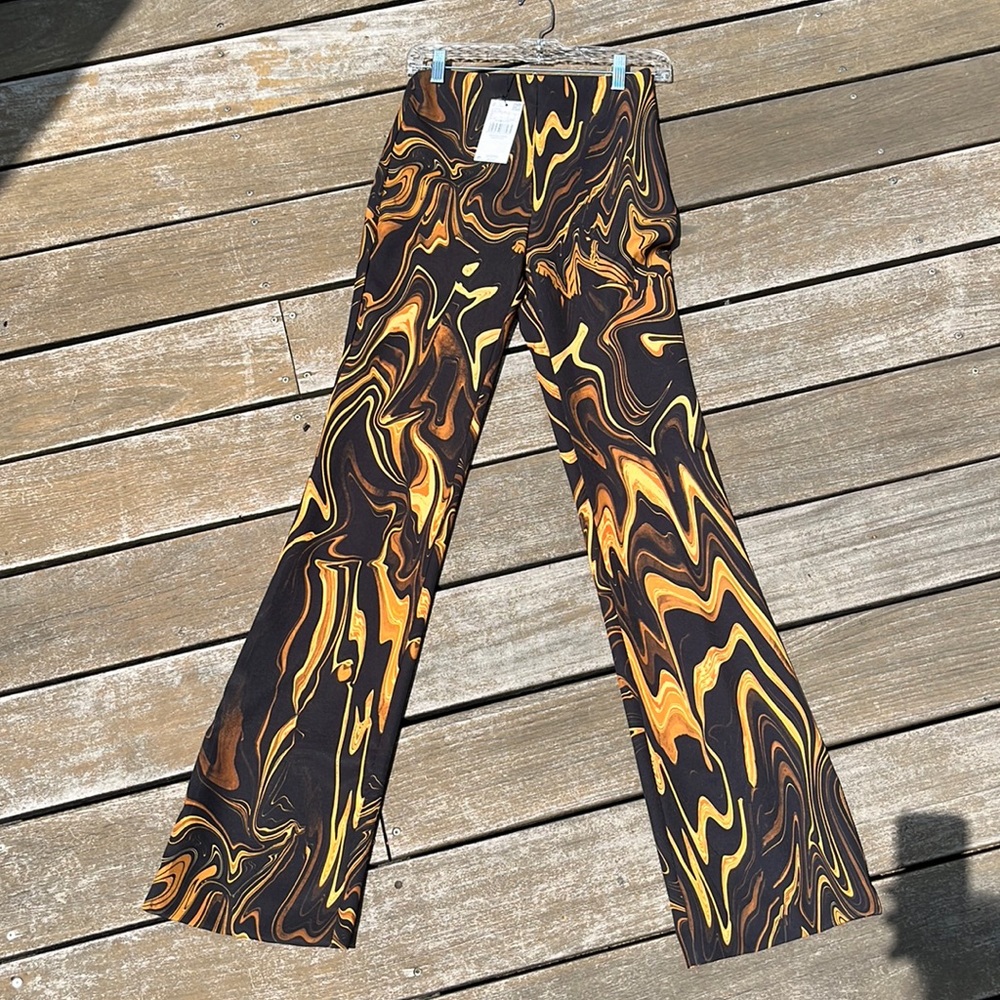Mango black and gold high-waisted abstract-print, slight flare pant